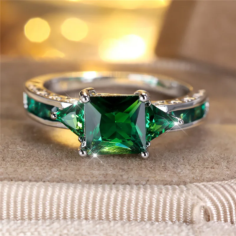 Cute Female Green Red Square Zircon Stone Engagement Ring Silver Color Wedding Jewelry For Women