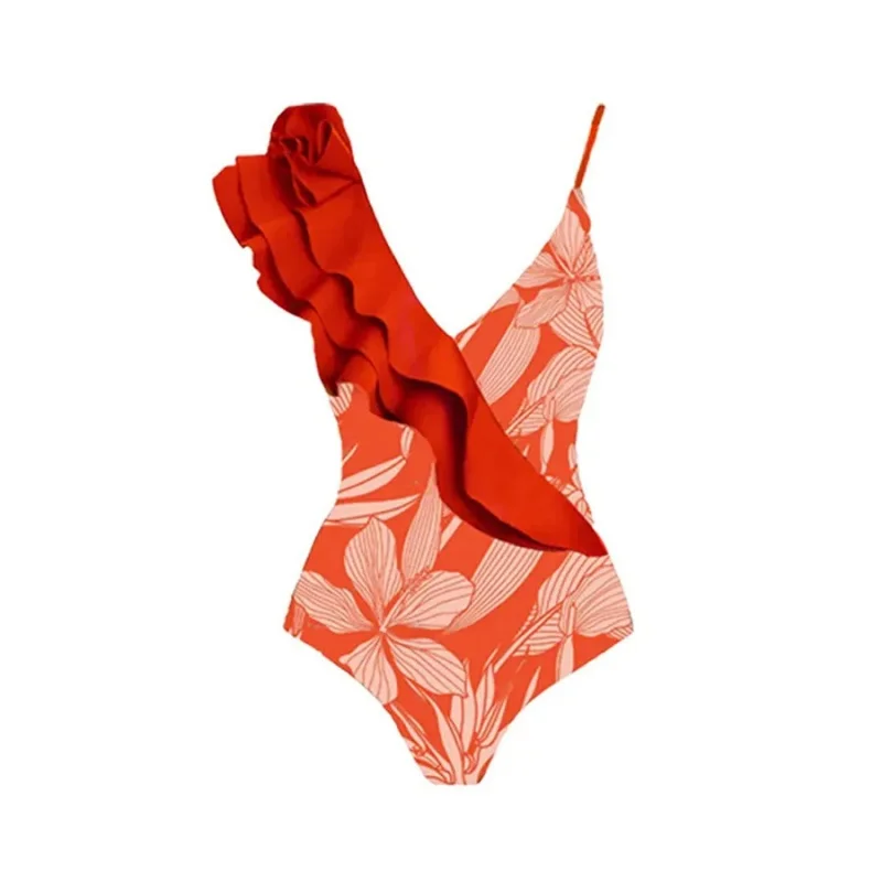 2024New Printed French Retro One-Piece Women's Swimwear Suit Cover Belly Slimming Swimsuit Wholesale