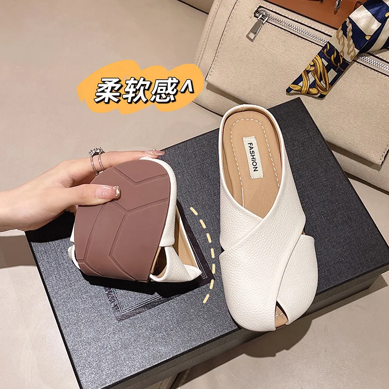 

2023 Summer New PU Leather Slippers Women Spring Summer Mules Shoes Square Toe Flat Sandals Casual Shoes Ladies Sandals Slippers