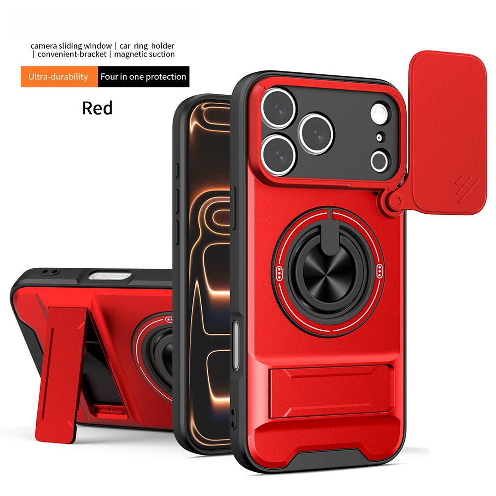 Armor Rugged Shockproof Magnetic Phone Case with Rotatable Ring Stand Cover and Camera Lens Protection