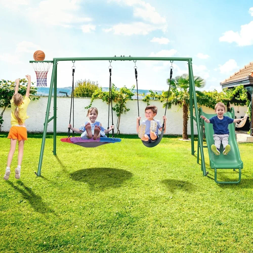 440 Pound Backyard Swing Set with Slide, Children's Outdoor Amusement Park, Heavy Metal Toys, UFO Swing, Belt Swing