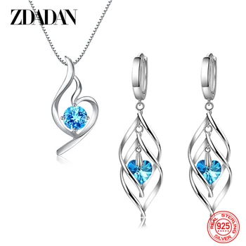 ZDADAN 925 Sterling Silver Blue Crystal Necklace Earring Set For Women Fashion Wedding Jewelry Party Gift 1