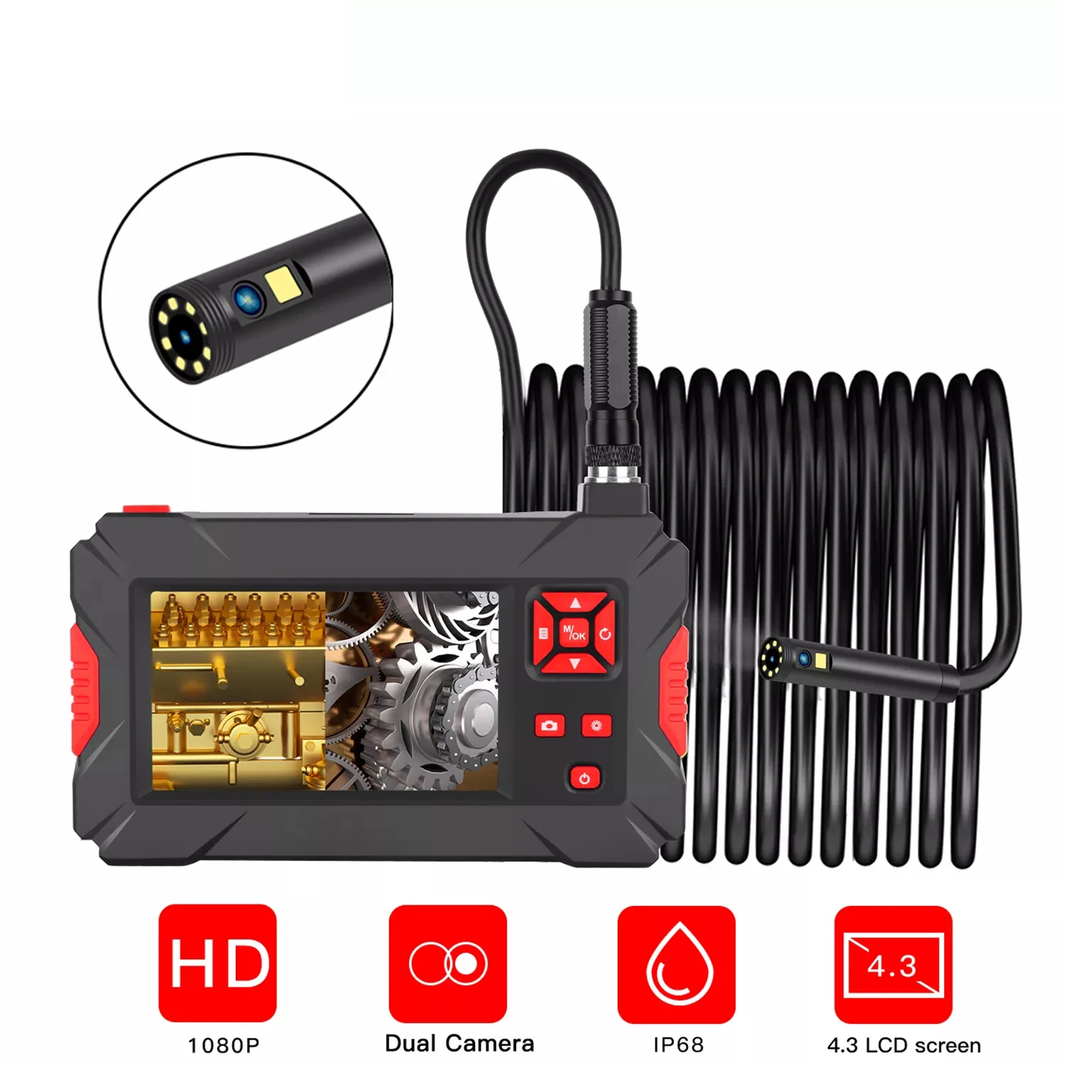 

Dual Lens Industrial Endoscope Camera 4.3" IPS Screen HD1080P 8mm 5.5mm Car Inspection Borescope IP68 Waterproof LEDs 2600mAh