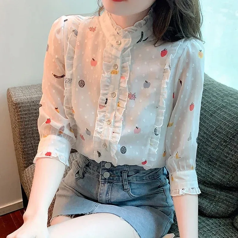 Women's Sweet Floral Print Chiffon Blouse Half Sleeve Tops Casual Clothes Edible Tree Fungus Collar White Summer 27476