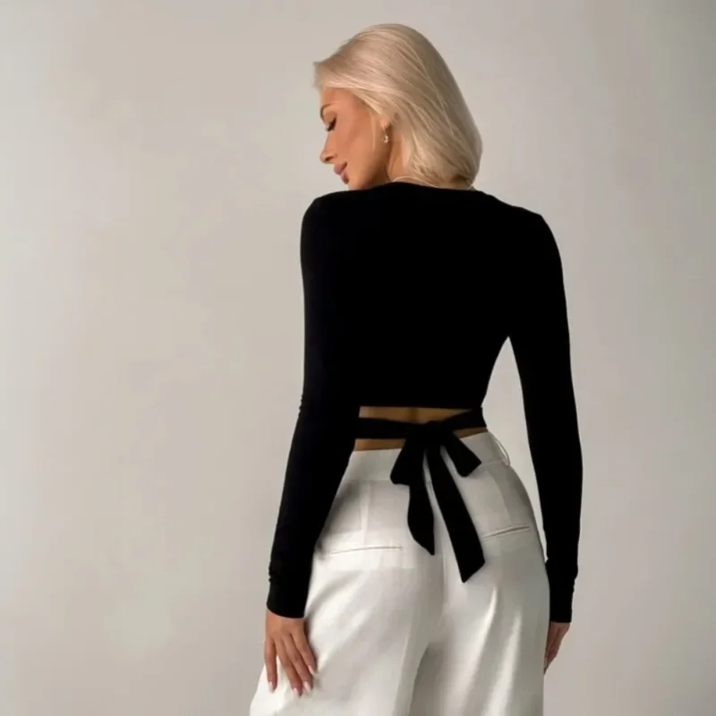 Spring and Autumn New Fashion Women's Long Sleeve Solid Color Crew Neck T-Shirt Sexy Slim Back Lace-Up Casual Blouse