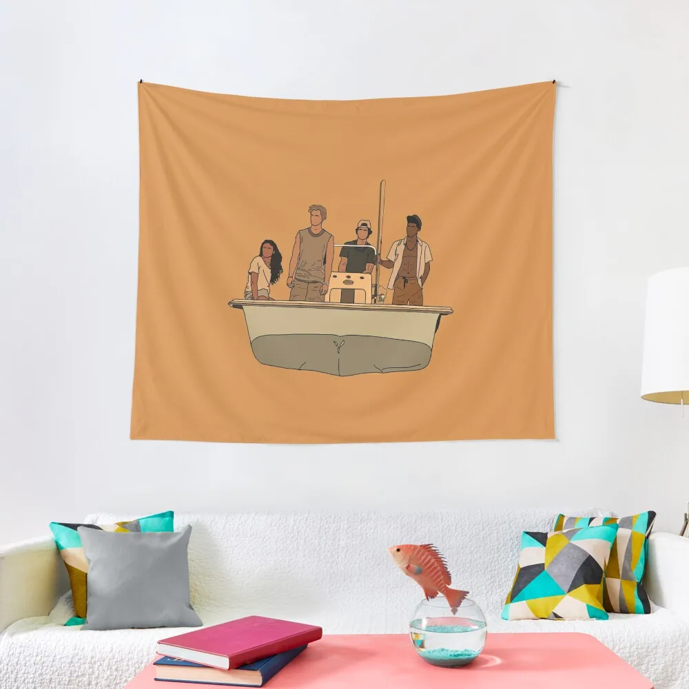 

Outer Banks Pogues: Kiara, JJ, John B, & Pope in black outline Tapestry Wallpaper Aesthetics For Room Tapestry
