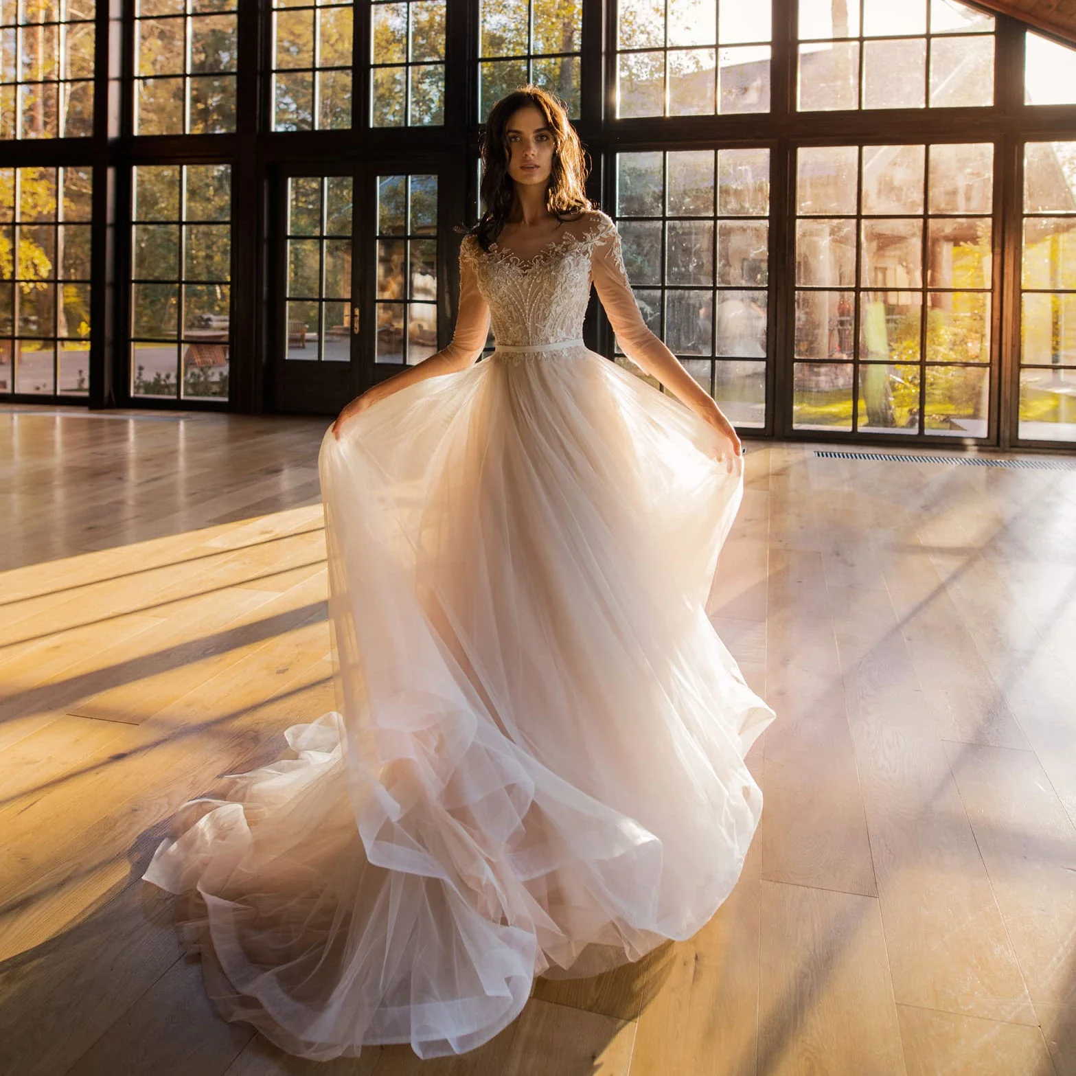 

Bohemian bridal gown tulle applique lace pearl seven-point sleeve crew neck Beautiful wedding dress beach photography