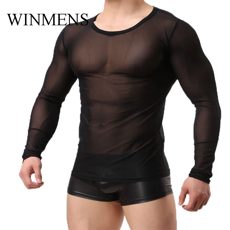 Stretch Undershirts Transparent Mesh Ultra Thin Men's Long Sleeve Shirts O-neck See Through Gay Sexy Underwear Spandex Indoor