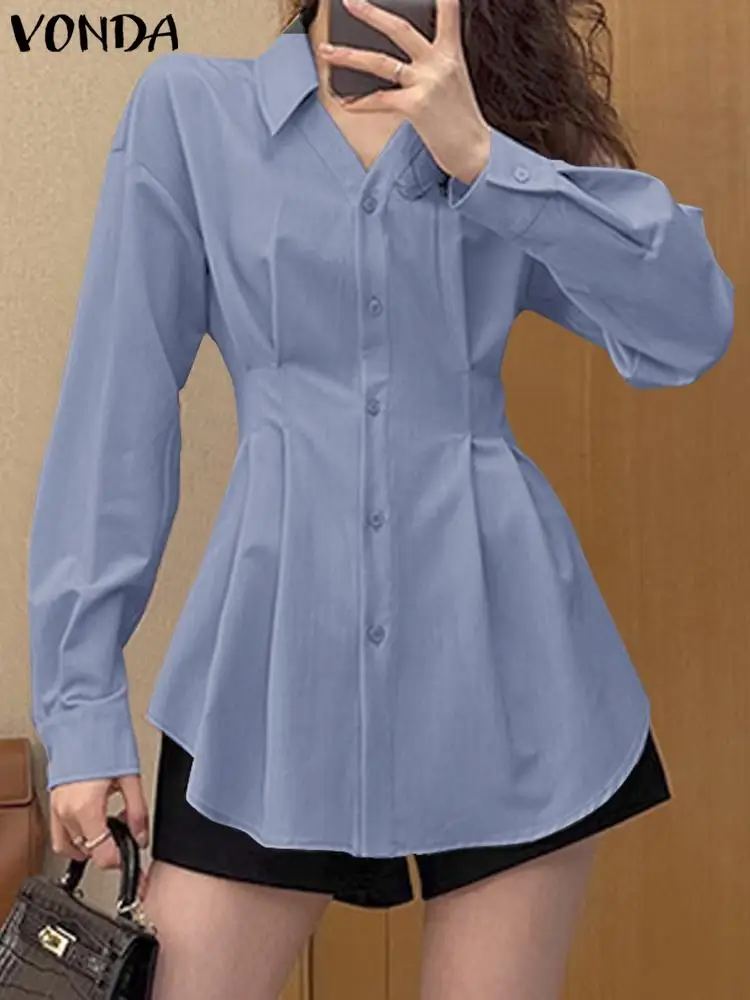 

VONDA Elegant Women Blouse 2023 Autumn Office OL Style Shirts Long Sleeve Tunic Tops Pleated Casual Button Party Blusas Feminina