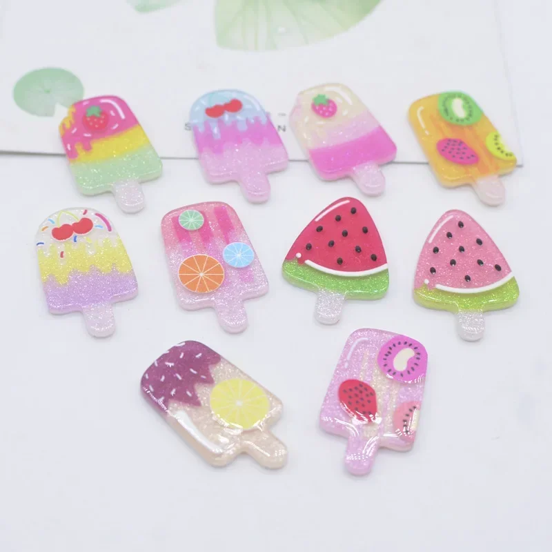 50Pcs 15*25mm Sweet Ice Cream Resin Furit Cake Print Acrylic Sheet Pattern DIY Jewelry Making Ornament Accessories