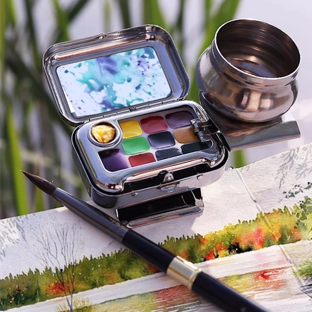 Travel Watercolour Paint Set Mini Portable Paint Box Watercolour Paint Dispenser Set Washing Pot Drawing Book Water Pen 1
