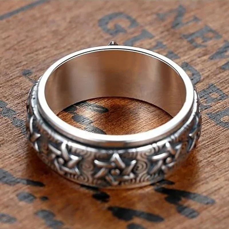 Silver ring Rotatable Silver Ring Men's Retro Creative Domineering Six-pointed Star Wide Version Thai Index Finger Closed Accessory