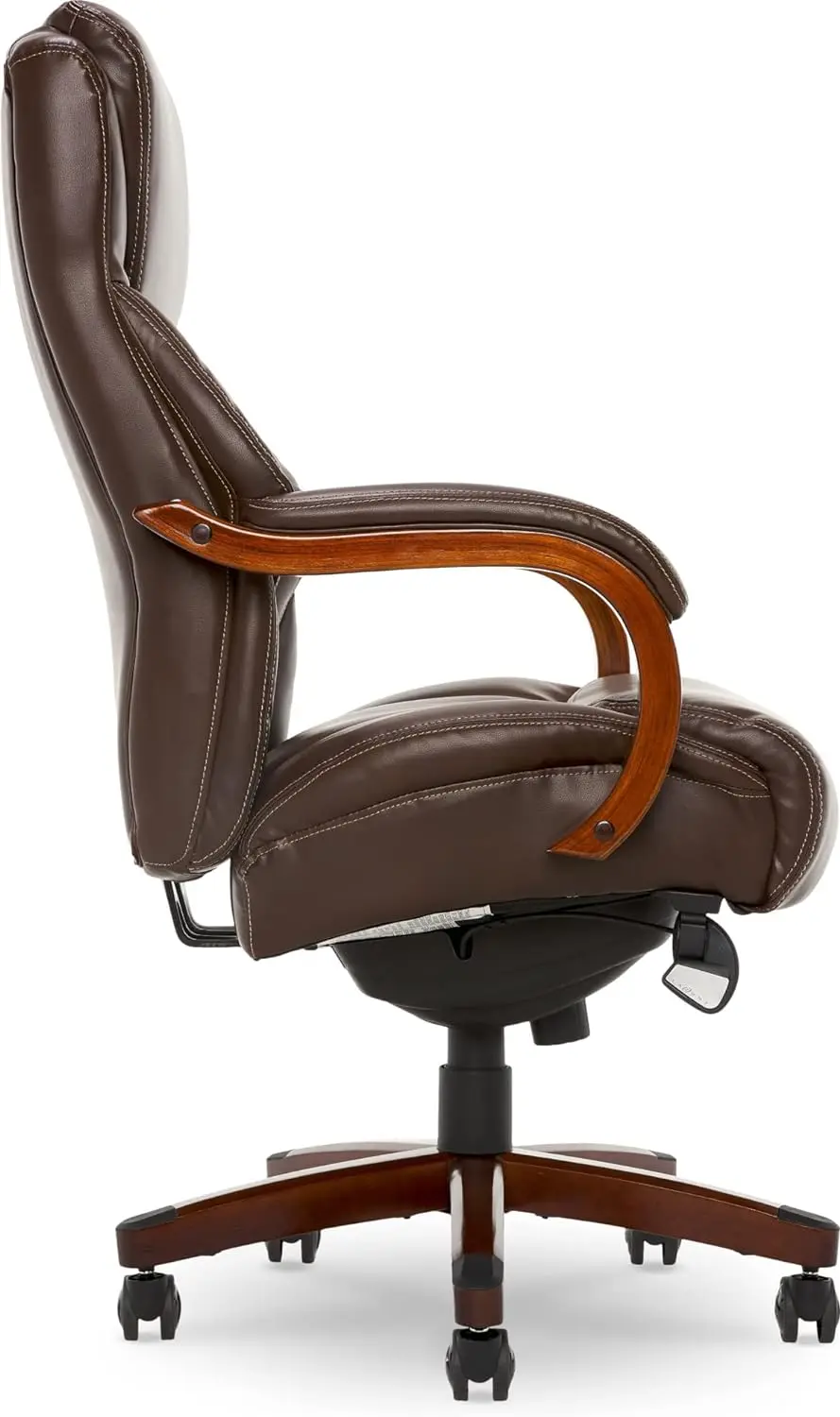 Executive Office Chair High Back Ergonomic Lumbar Support Memory Foam Brown Bonded Leather Big & Tall Design Wood Frame Sturdy & 4