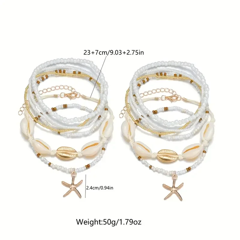 7/14pcs Bohemian Beaded Anklet Set for Women Summer Starfish Shell Charms Multi-Layer Beach Foot Bracelets Daily Wear Jewelry