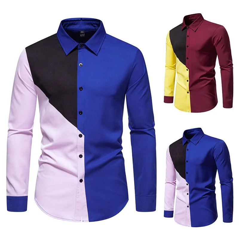 

2023 Autumn Foreign Trade New Men's Polo Collar Colored Long Sleeved Shirt European Casual Splicing Large Men's Shirt