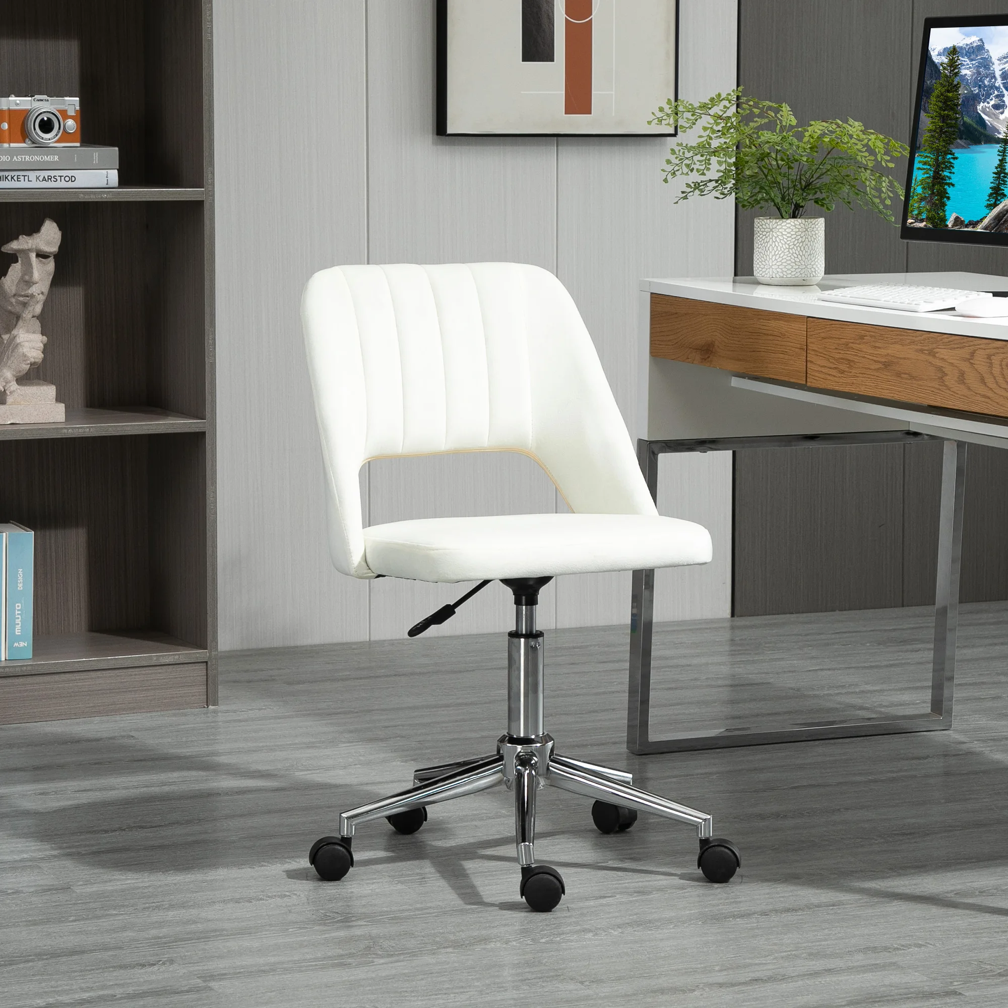 Ergonomic Velvet Armless Computer Swivel Upholstered Chair W/ Open Back White 2