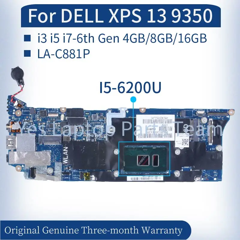 For DELL XPS 13 9350 P54G Laptop Mainboard LA-C881P LA-C88 076F9T