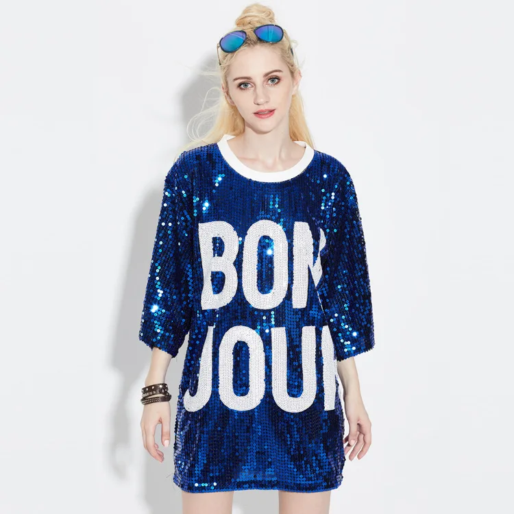 

Ladies Off-shoulder Sexy Slim Loose Shirt Top Glistening Sequin Tshirts Tee Boutique Woman Club Dresses