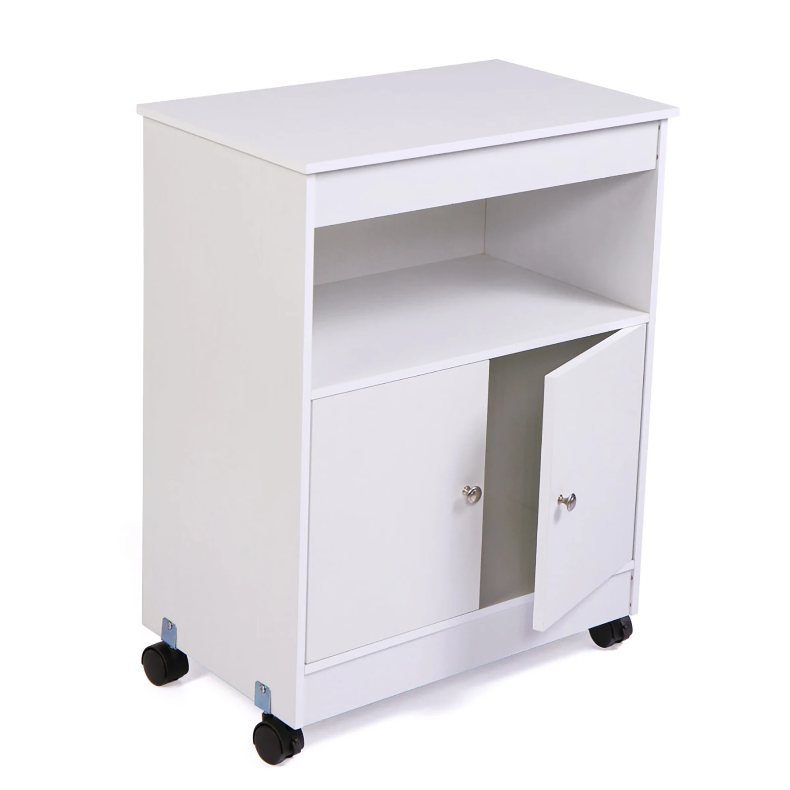 Wood Kitchen Microwave Cabinet Cart with 4 Universal Wheels and Roomy Inner Space for Home Use, White