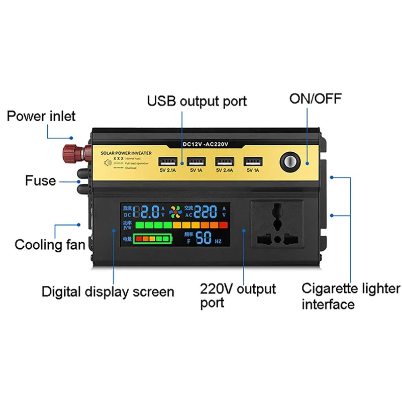 피크 6000W 차량용 파워 인버터 DC 12V/24V to AC 220V USB 포트 LCD 디스플레이 범용 어댑터 변형 사인파 인버터