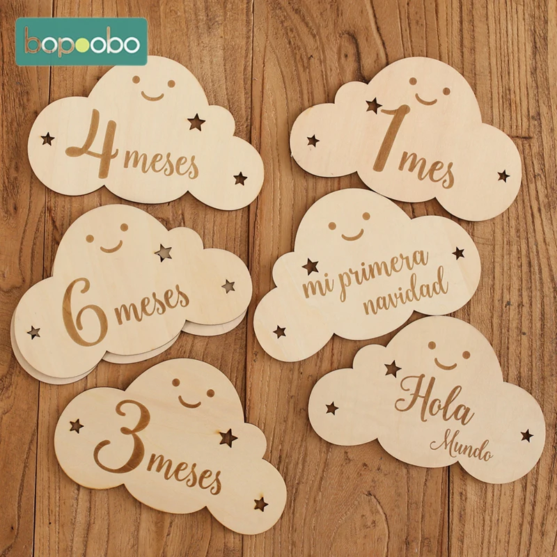 

8PCS Wooden Baby Month Milestone Card Spanish language Cloud Shape Photography Cards Birthday Gift Souvenir Photo Accessories