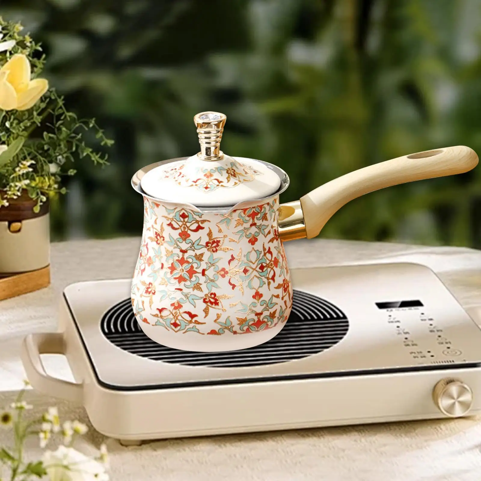 Turkish Coffee Pot With Long Wooden With Lid Arabic Heavy Duty 550/720Ml