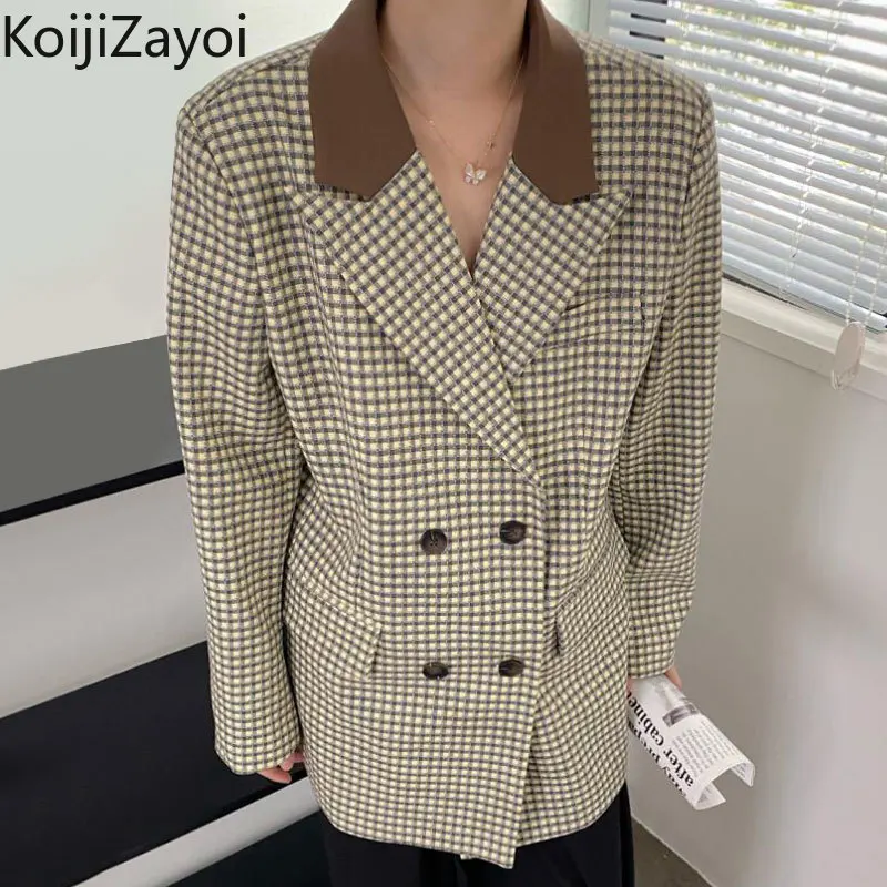 

Koijizayoi Vintage Women Plaid Blazer Fashion Office Lady Spring Autumn Korean Coats Turn Down Collar Chic Jacket Loose Blazers