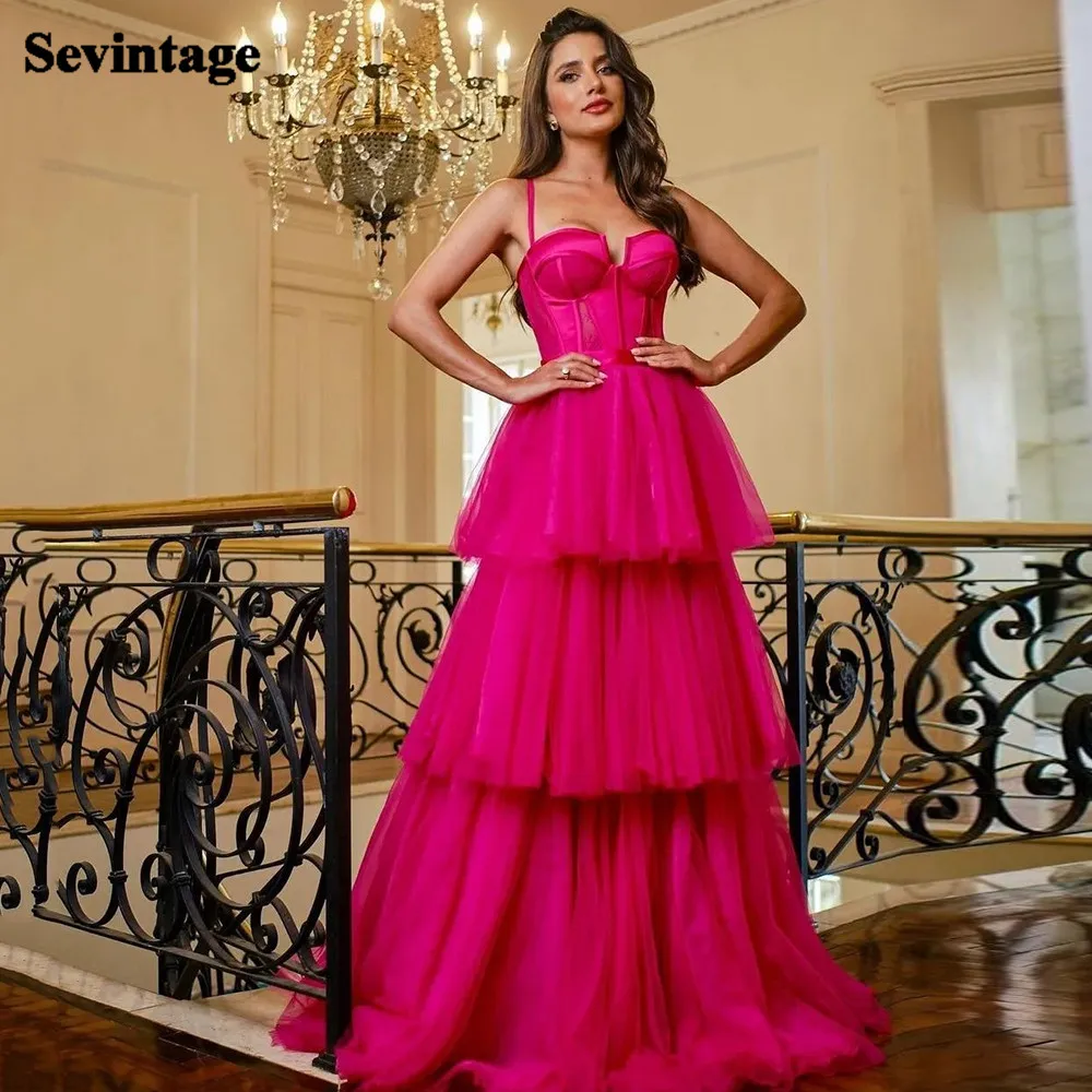 Sevintage Fuchsia Layered Skirt Long Women Prom Gowns Evening Party Dresses Spaghetti Strap Sweetheart Formal Occasion Gown