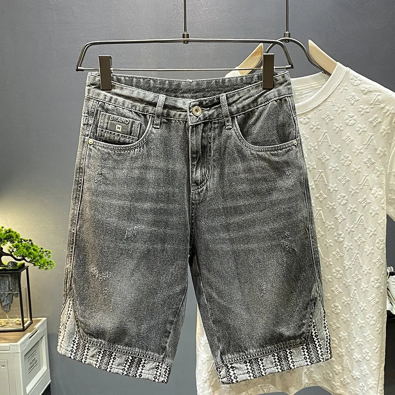 Men's High-End Stitching Jeans2024Summer Thin Loose Shorts Fashion Brand Casual All-Match Pu Shuai Fifth Pants
