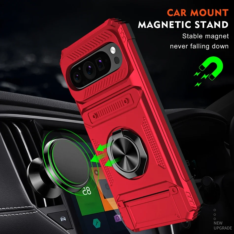 Magnetic Car Mount Wallet Armor Case with Ring Holder and Stand