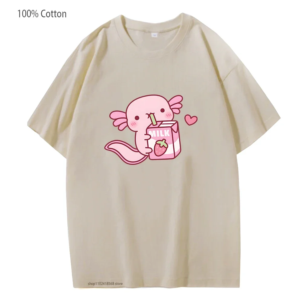 

100% Cotton Cute Pink Axolotl Loves Strawberry Milk Shirt Women Kawaii Tshirt Long Sleeve Tees Men Clothes Kawaii Y2k Sudaderas