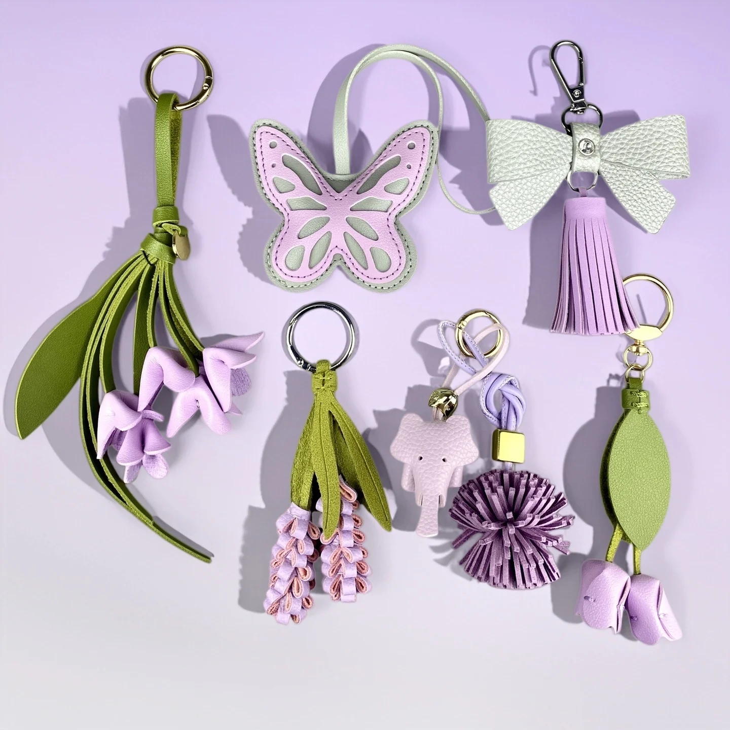 Purple Butterfly & Flower Keychain Charm Set, Cute PU Leather Floral Bag Accessories for Purple Lovers/Realistic Bloom/Good Gift
