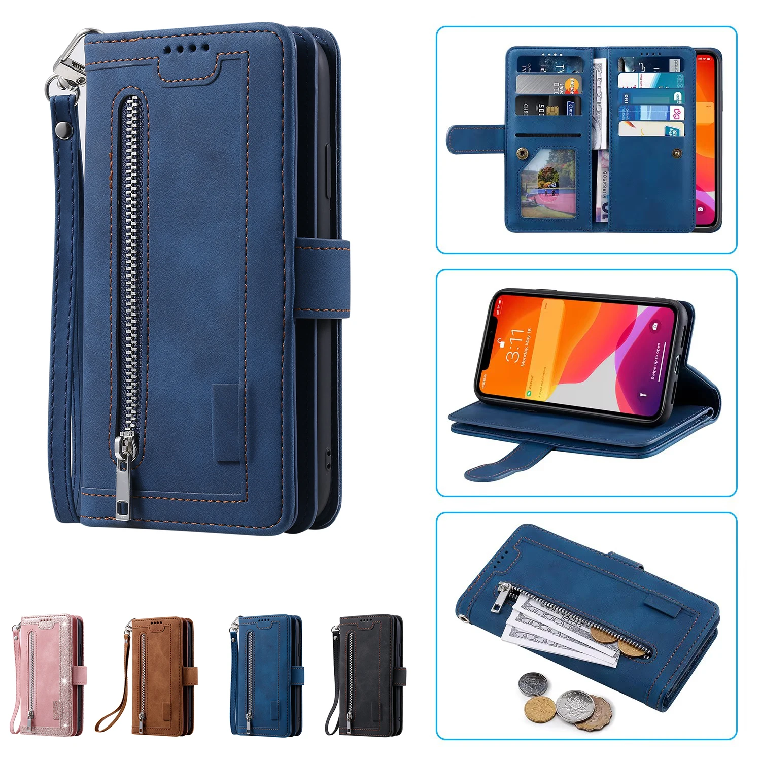 Retro Leather Zipper Wallet Case with Lanyard Wrist Strap and Multi-Card Slots