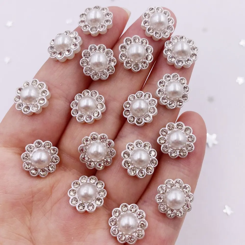Resin Flower Round Pearl Flatback Crystals Nail Rhinestone Applique 50pcs for Wedding DIY Scrapbook Ornament Craft Accessories