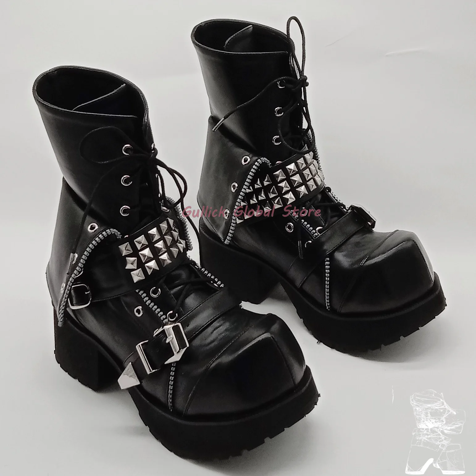 

2024 New Arrival Square Toe Metal Decoration Rivet Platform ANkle Boots Casual Punk Cool Lace Up Plus Sizes Shoes Soft Cosy Boot