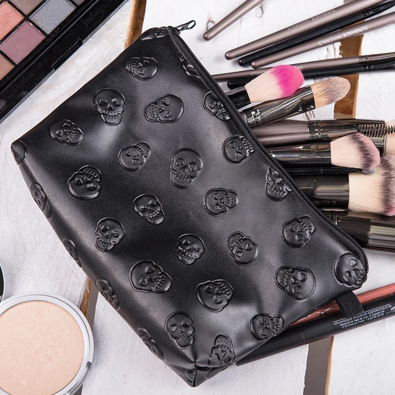 Black Skull Cosmetic Bag Women PU Leather Makeup Bag Travel Organizer For Cosmetics Toiletry Kit Bag Dropshipping 4