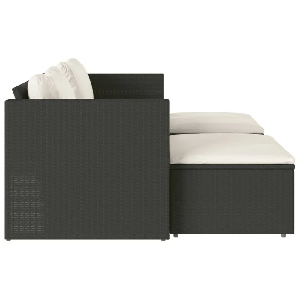 5 Piece Patio Sofa Set with Cushions Black Poly Rattan Acacia,PE Rattan, Powder-coated Steel, Garden Sofa Set 6