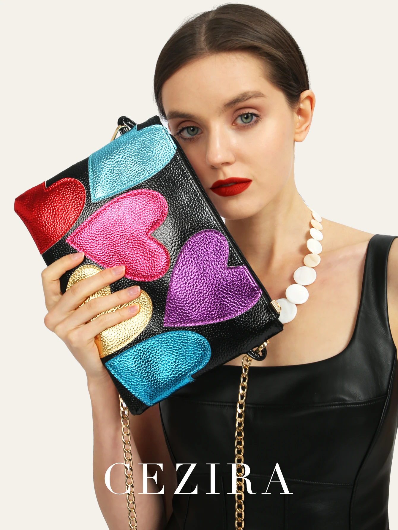 

CEZIRA Luxury Colorful Metallic PU Vegan Leather Clutch Women Fashion Sweet Hearts Pattern Square Handbags Chain Crossbody Purse