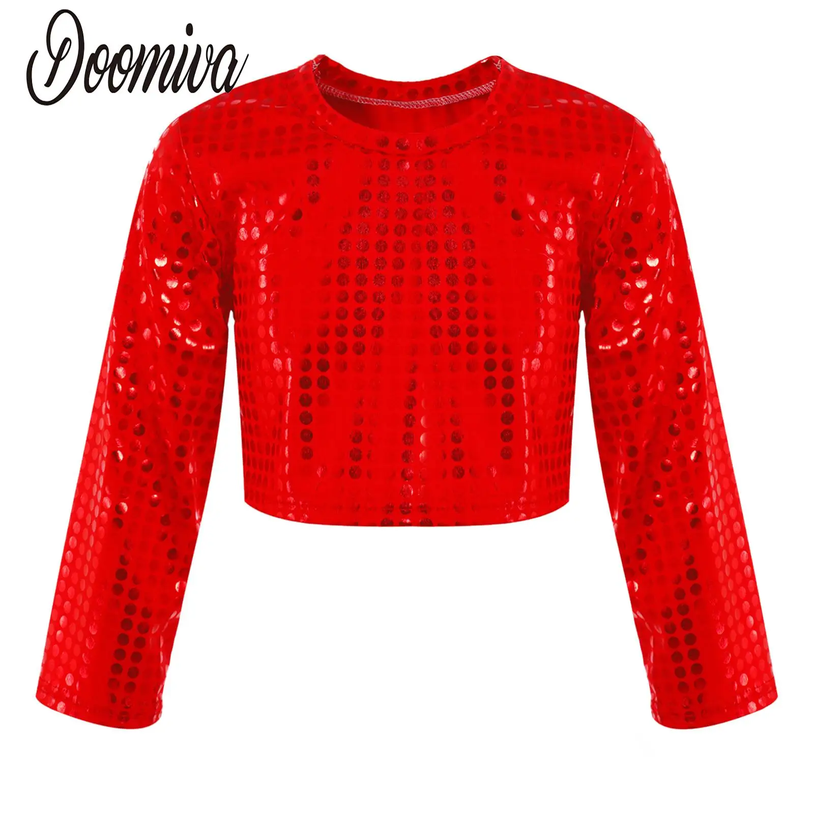 

Girl's Sparkly Street Dance Performance Crop Top Long Sleeve Round Neckline Kids Shiny Sequins Dance Shirt Tees Singing Clothing