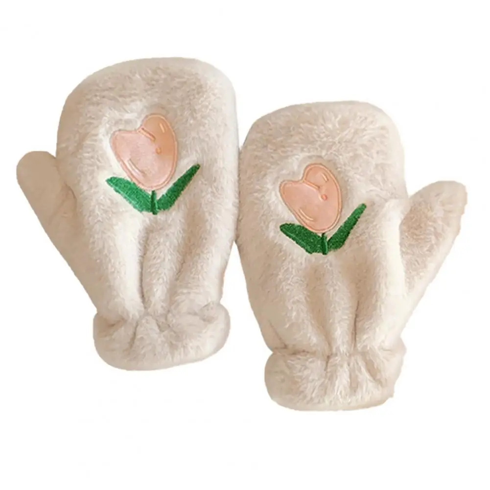 

Women Knitted Gloves Cozy Stylish Women's Plush Gloves Embroidered Tulip Flower Pattern Thickened for Winter Coldproof Warm