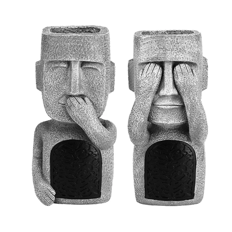 

2Pcs See Hear Speak No Evil Garden Easter Island Statues Resin Sculpture Decoration Home Vase Figurine Decor - C & A