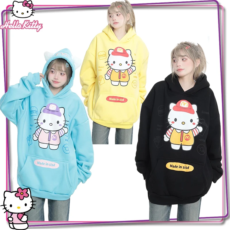 

Sanrio Hello Kitty Cartoon Long Sleeve Hoodie Y2K Women's Autumn/winter New Warm Sweatshirt Casual Loose Pullover Top Clothing