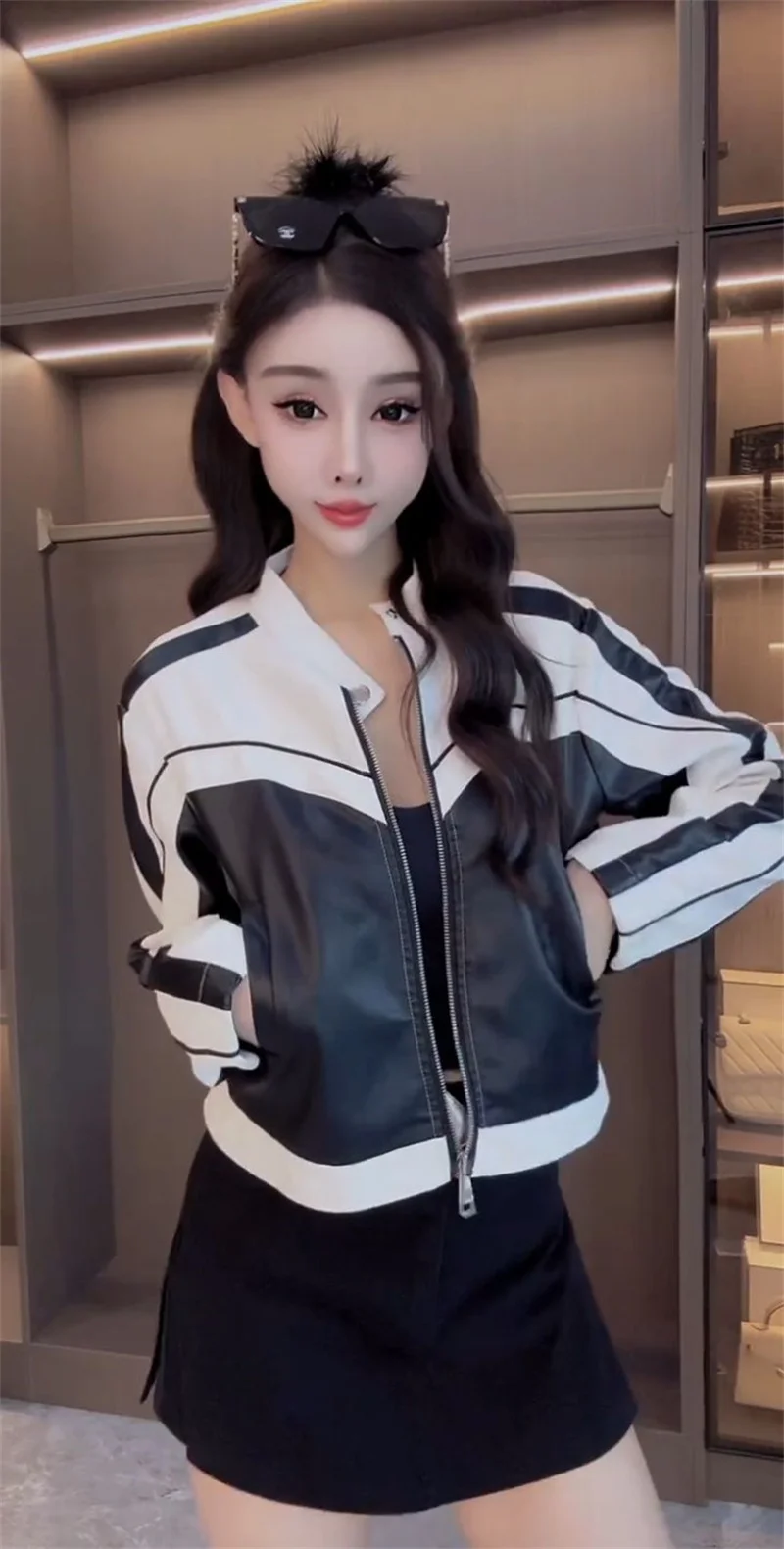 Spring Autumn New Contrast Lines Stitching Pu Leather Coat Women Loose Joker Stand Collar Explosions Short Leather Jacket