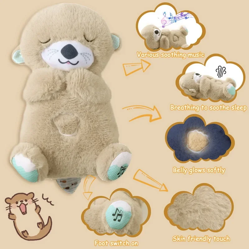 Breathing Otter Plush Toy Pet Cat Nap Sensory with Light and Sound Newborn Baby Gift Baby Musical Doll 30cm for Soothing Sleep