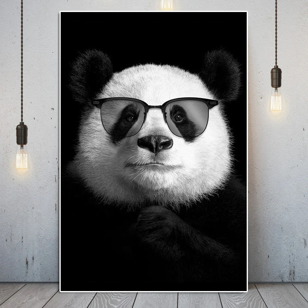 

Black And White Panda With Glasses Poster Cute Animal Graffiti Canvas Painting Nursery Wall Art Living Room Home Decoration Gift