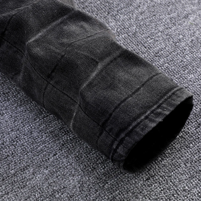 Street Fashion Men Jeans Retro Black Gray Stretch Skinny Fit Ripped Jeans Men Blue Leather Patched Designer Hip Hop Brand Pants