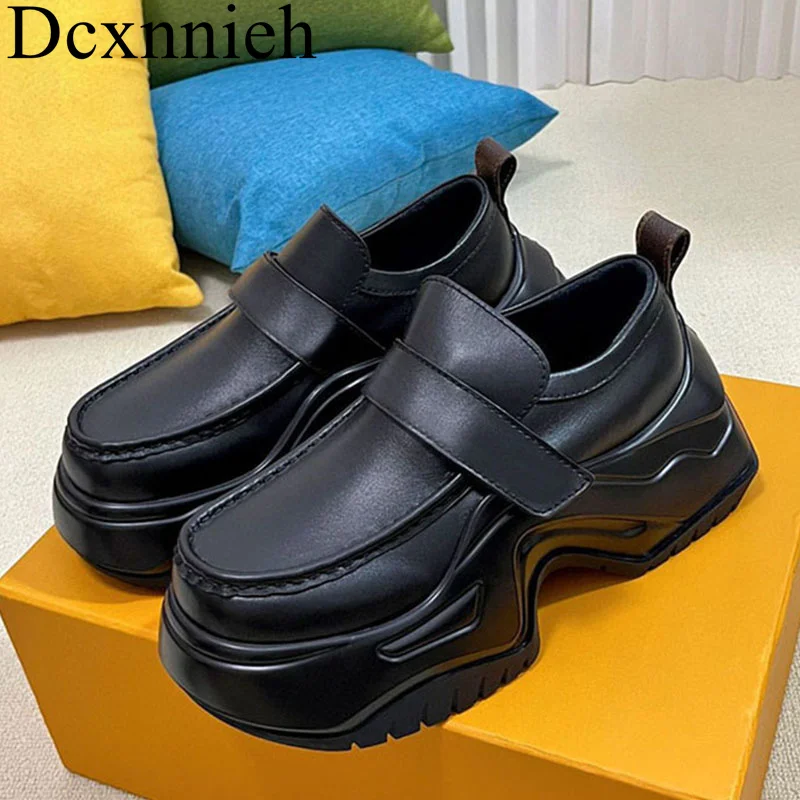 

Women Genuine Leather Round Toe Thick Heels Loafers Ladies Platform Single Shoes Spring Autumn British Style Heighten Flat Shoes