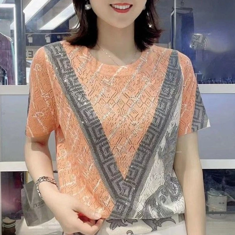 다이아몬드 프린트 반팔 티셔츠, 폭발적인 루즈하고 패셔너블한 시대, 레저, 다목적, 핫, 2024 여름 신상 스타일