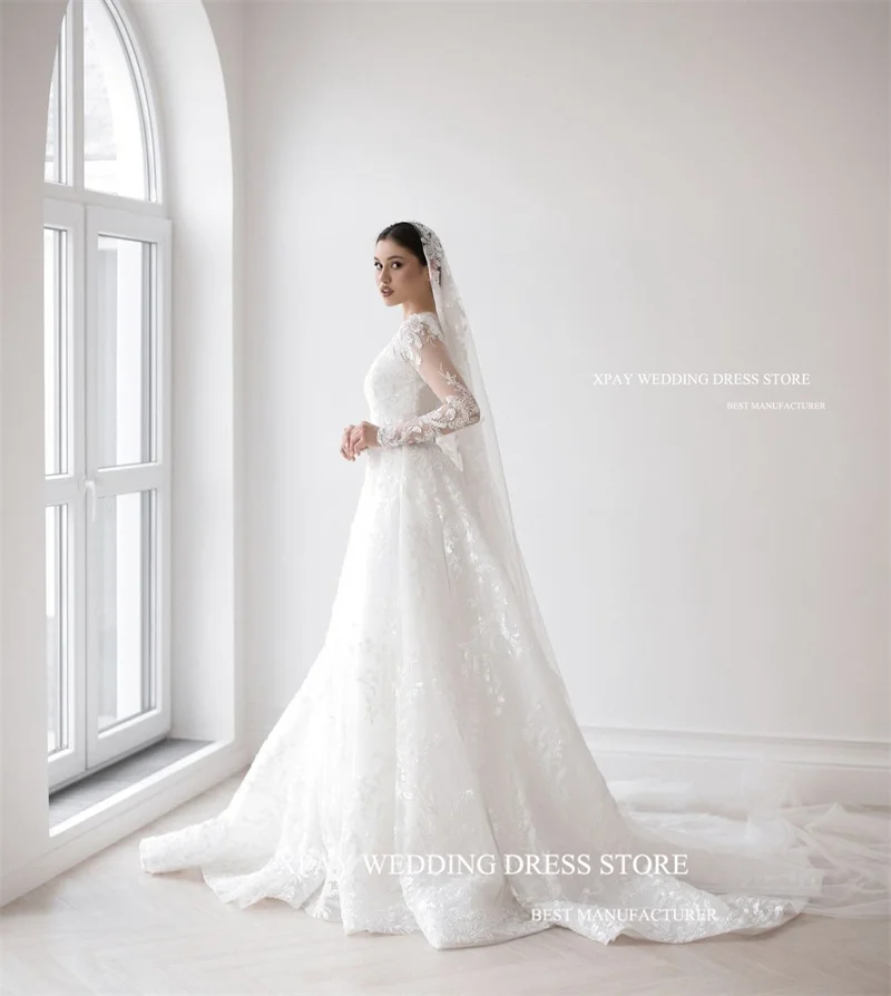 XPAY Exquisite A Line abiti da sposa in pizzo maniche lunghe o-collo Dubai abiti da sposa arabi velo lungo 3 metri abiti da sposa coreani