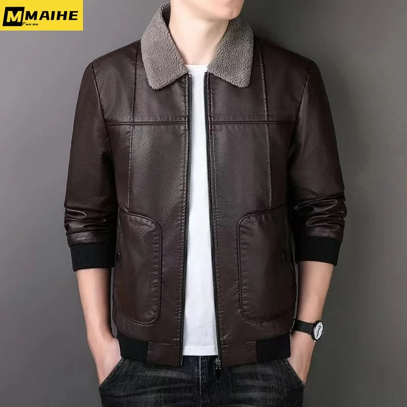 

2021 new Autumn light luxury Pu leather Jacket Men's fur with one lapel coat Retro fashion Winter zipper slim plus fleece jacket